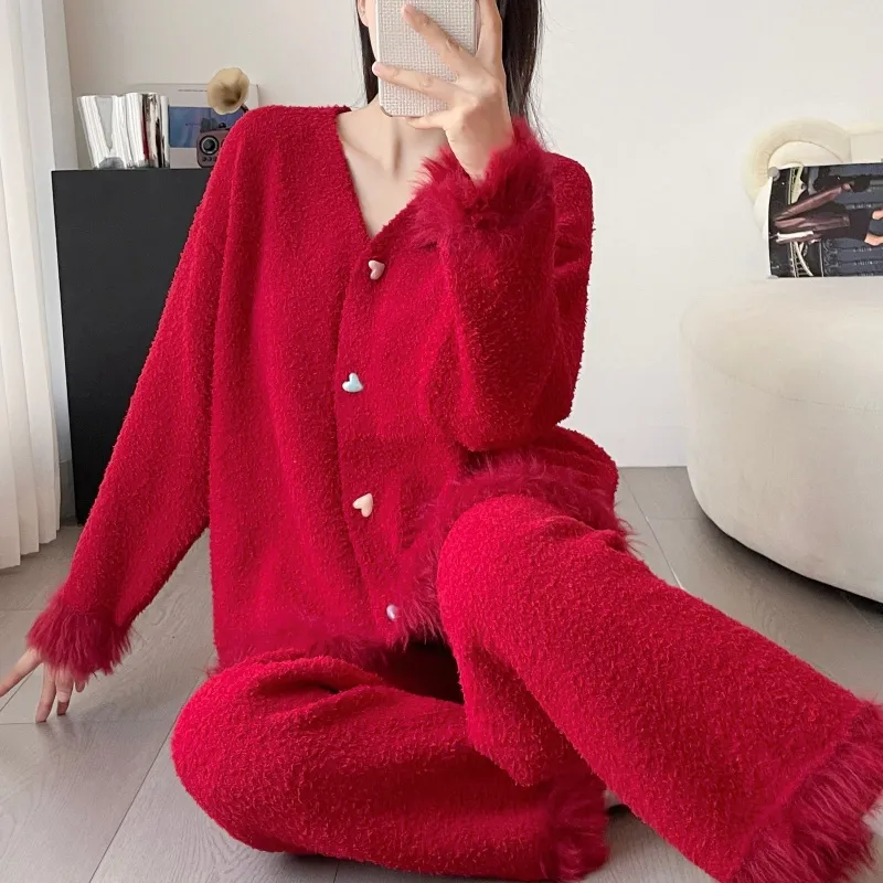Chanel-style Cardigan Half-Fleece Sleepwear Women's Winter Thickened Loungewear Set · Wholesale · OEM · Worldwide Shipping - Detail 1