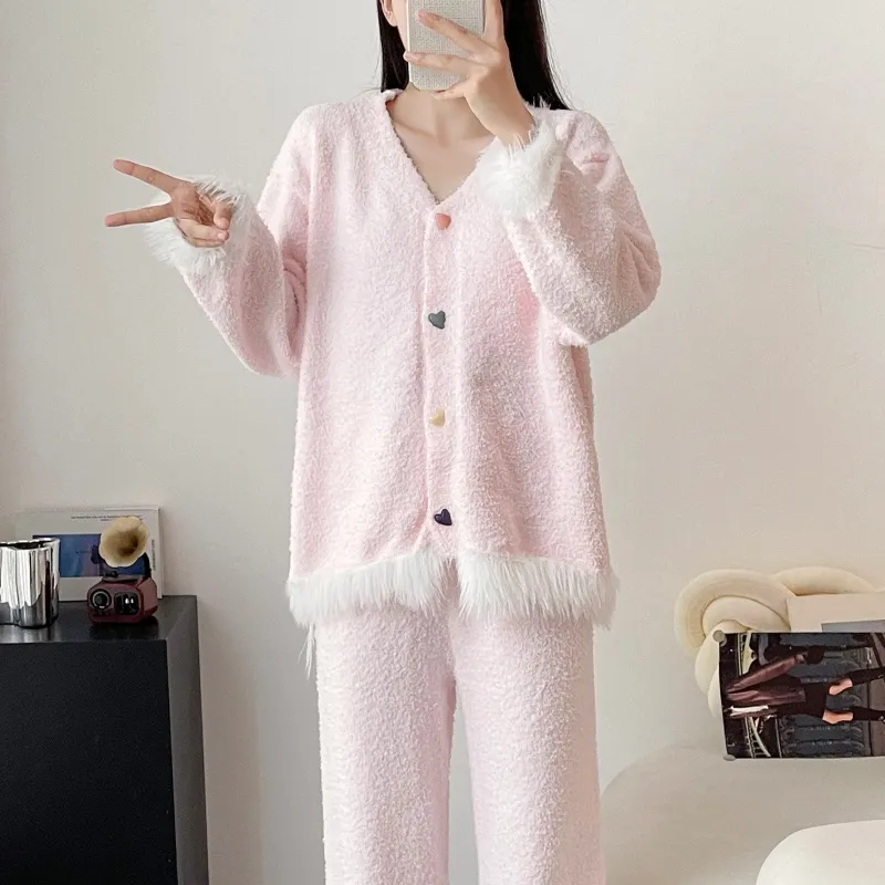 Chanel-style Cardigan Half-Fleece Sleepwear Women's Winter Thickened Loungewear Set · Wholesale · OEM · Worldwide Shipping - Detail 8