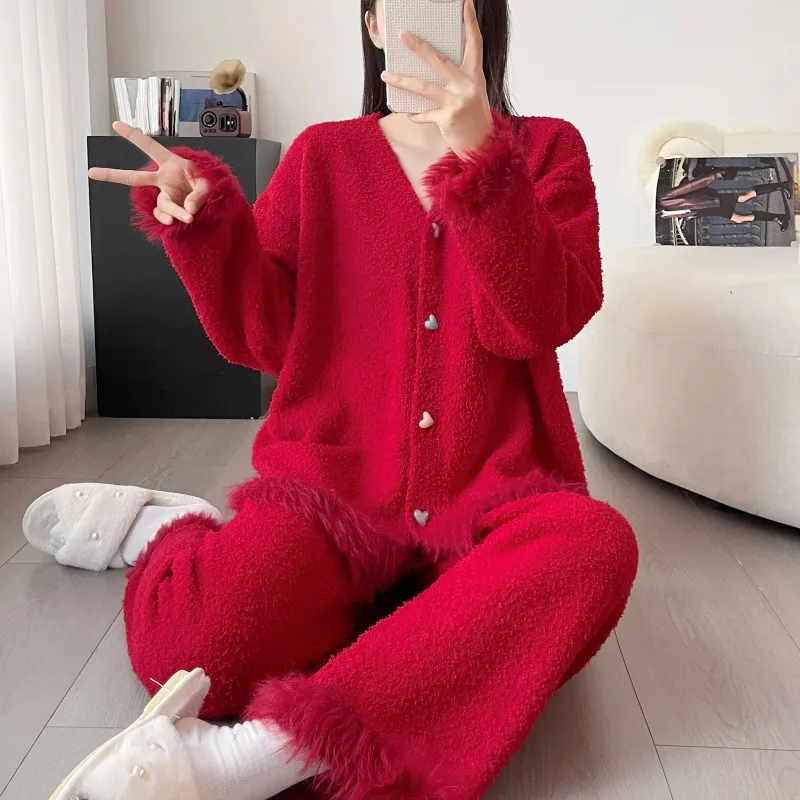 Chanel-style Cardigan Half-Fleece Sleepwear Women's Winter Thickened Loungewear Set · Wholesale · OEM · Worldwide Shipping - Detail 6