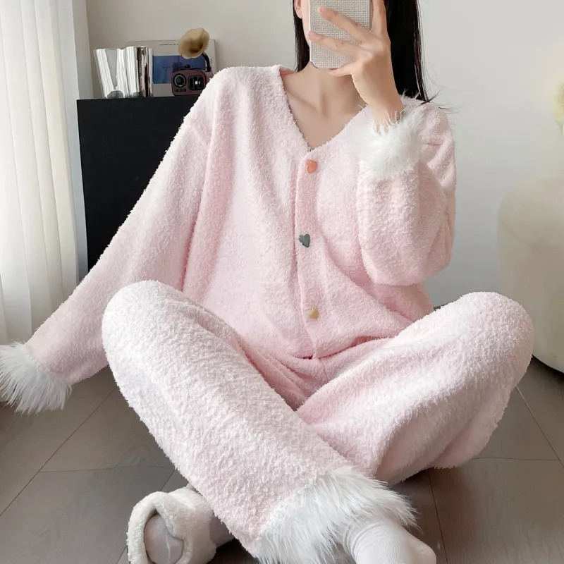 Chanel-style Cardigan Half-Fleece Sleepwear Women's Winter Thickened Loungewear Set · Wholesale · OEM · Worldwide Shipping
