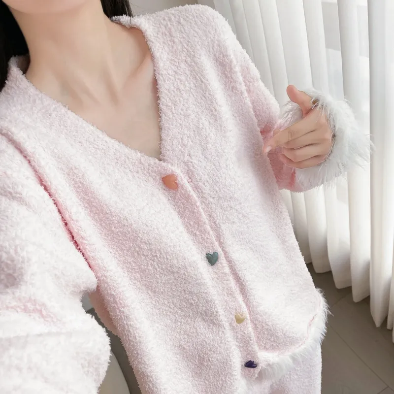 Chanel-style Cardigan Half-Fleece Sleepwear Women's Winter Thickened Loungewear Set · Wholesale · OEM · Worldwide Shipping - View 2