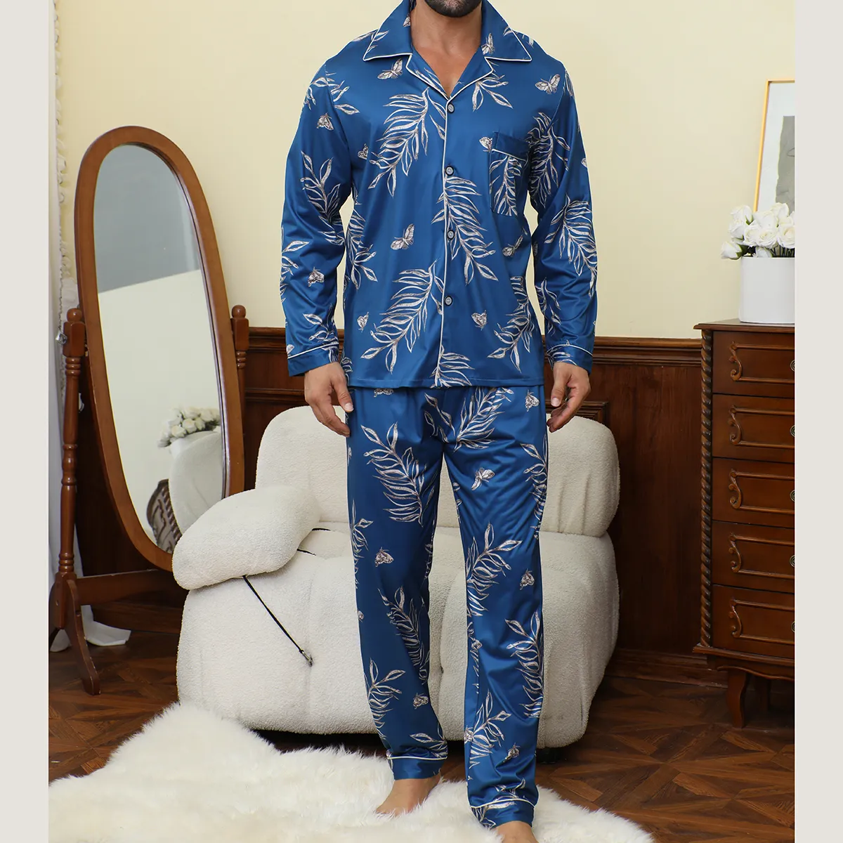 Export Cross-Border Men's Blue Leaf Print Pajama Set, Long Sleeve and Long Pants, Western-Style Autumn/Winter Casual Loungewear · Wholesale · OEM · Worldwide Shipping - View 1