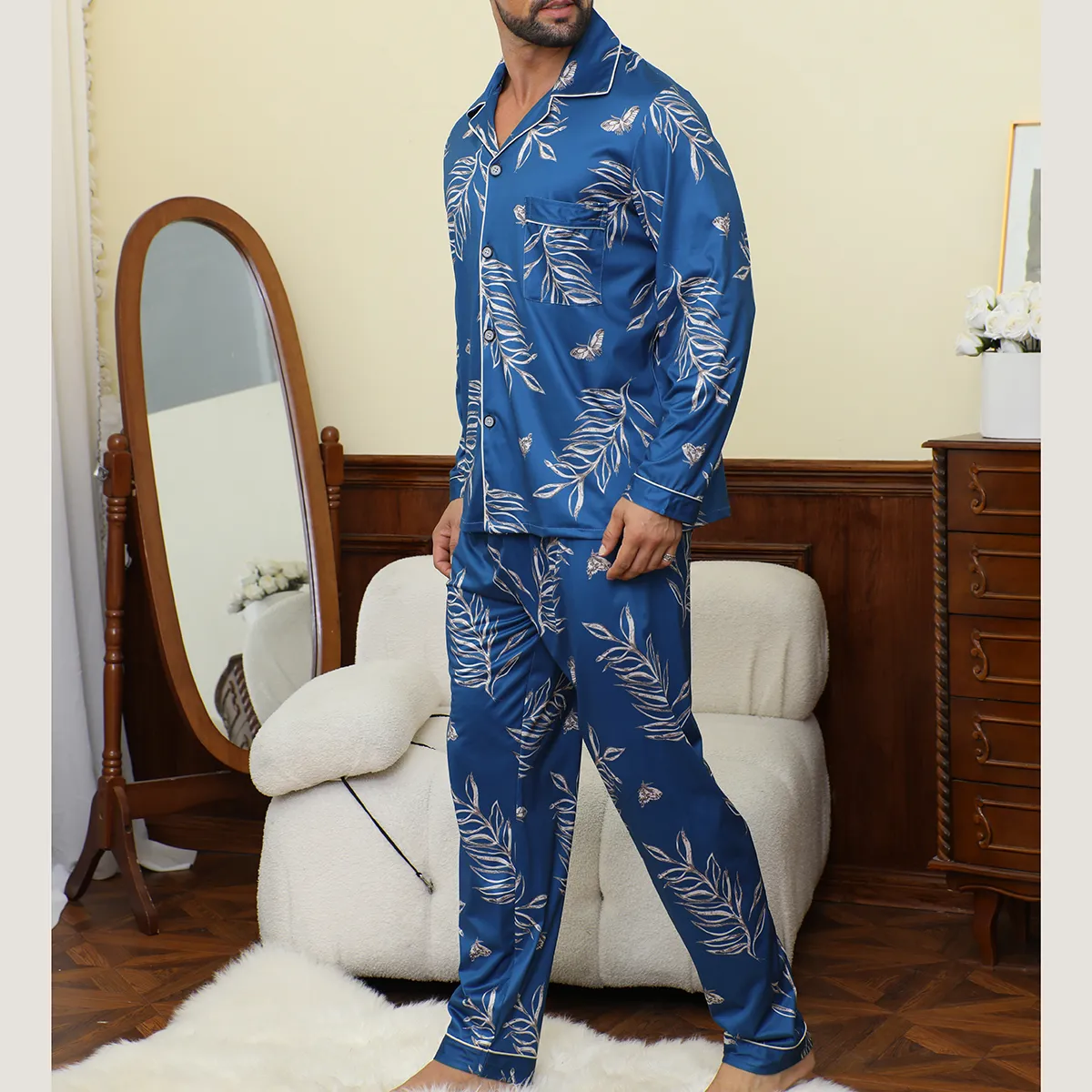 Export Cross-Border Men's Blue Leaf Print Pajama Set, Long Sleeve and Long Pants, Western-Style Autumn/Winter Casual Loungewear · Wholesale · OEM · Worldwide Shipping - View 2
