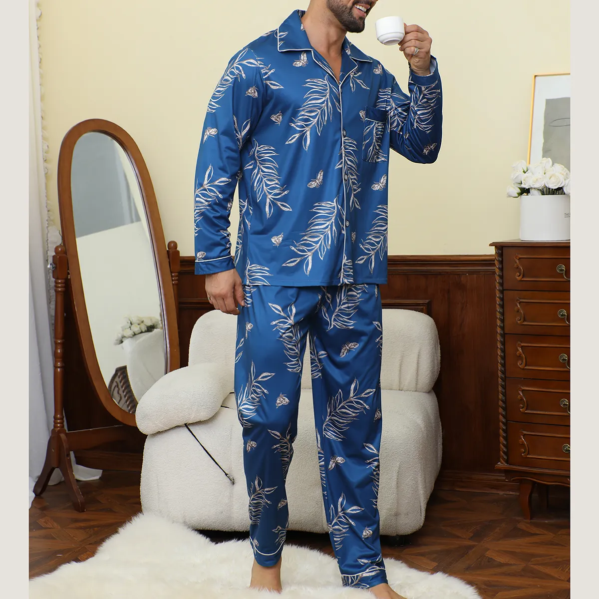 Export Cross-Border Men's Blue Leaf Print Pajama Set, Long Sleeve and Long Pants, Western-Style Autumn/Winter Casual Loungewear · Wholesale · OEM · Worldwide Shipping - View 3
