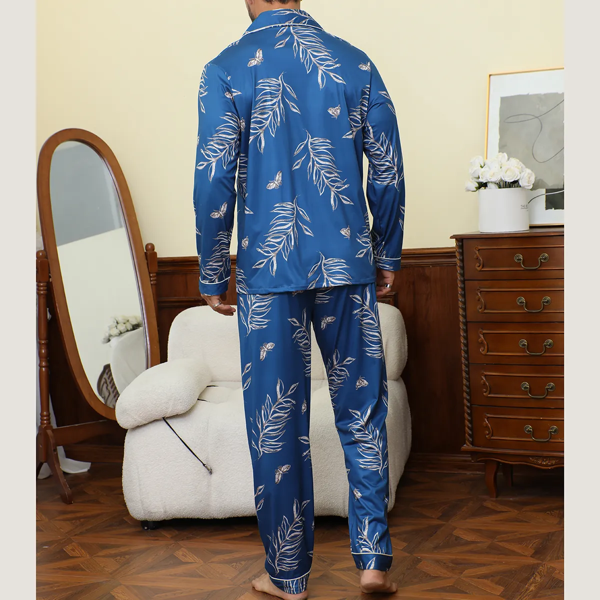 Export Cross-Border Men's Blue Leaf Print Pajama Set, Long Sleeve and Long Pants, Western-Style Autumn/Winter Casual Loungewear · Wholesale · OEM · Worldwide Shipping - View 4