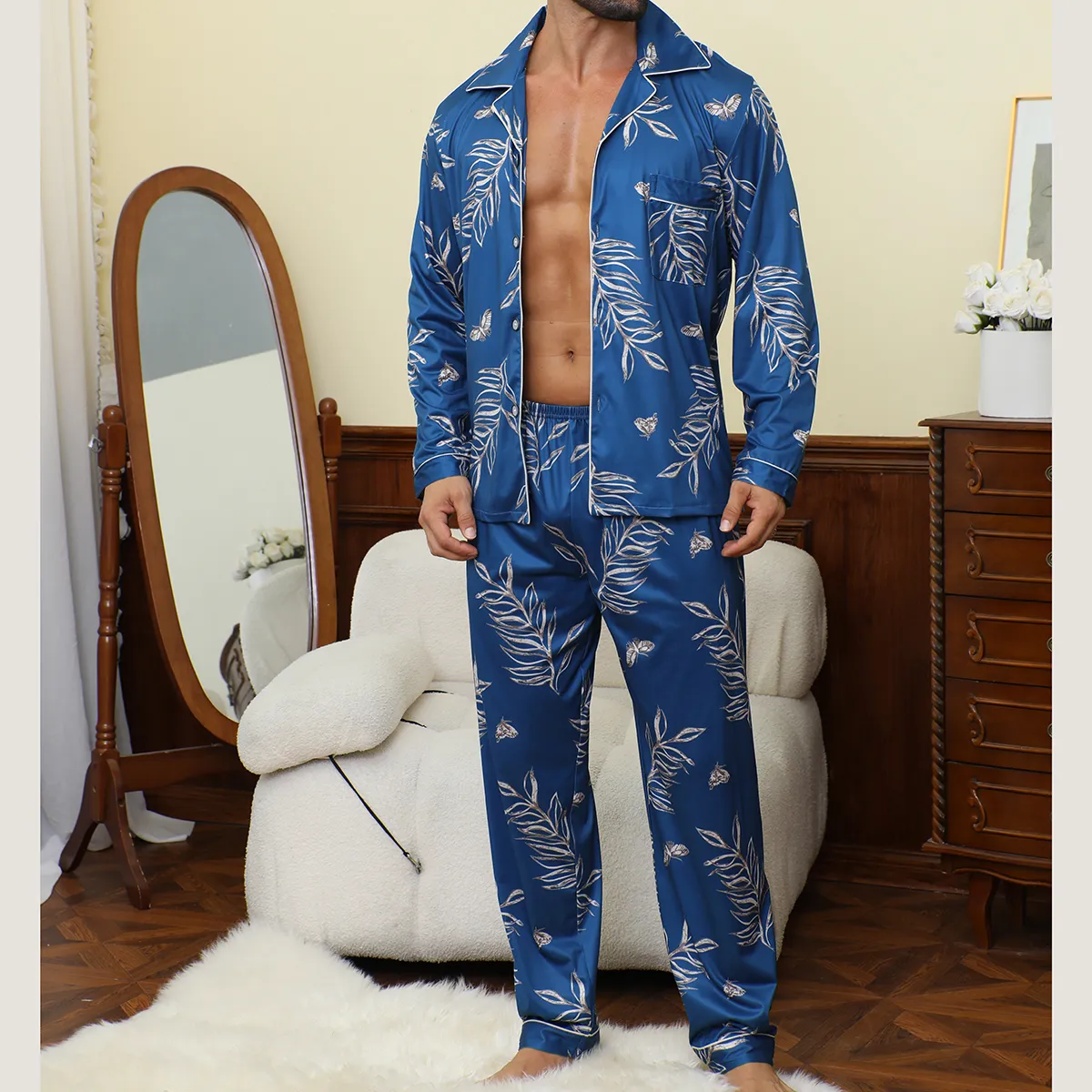 Export Cross-Border Men's Blue Leaf Print Pajama Set, Long Sleeve and Long Pants, Western-Style Autumn/Winter Casual Loungewear · Wholesale · OEM · Worldwide Shipping