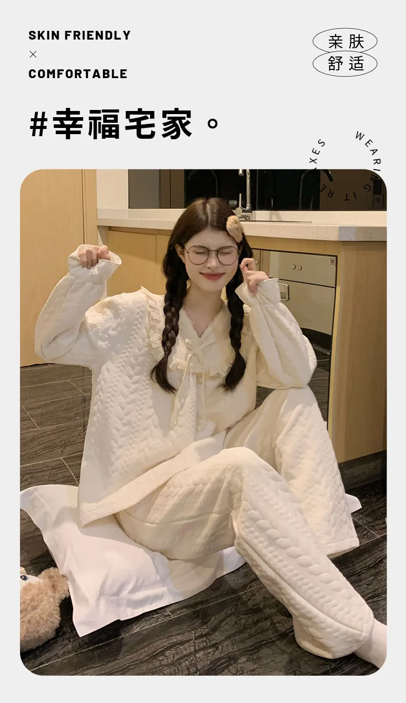 2026 New Women's Air-Layer Cotton Pajama Set, Thickened Warm Autumn/Winter Two-Piece Sweet Cute Loungewear · Wholesale · OEM · Worldwide Shipping - Detail 2