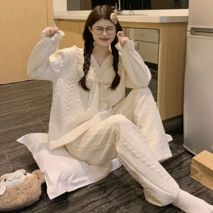 2026 New Women's Air-Layer Cotton Pajama Set, Thickened Warm Autumn/Winter Two-Piece Sweet Cute Loungewear · Wholesale · OEM · Worldwide Shipping - Detail 1