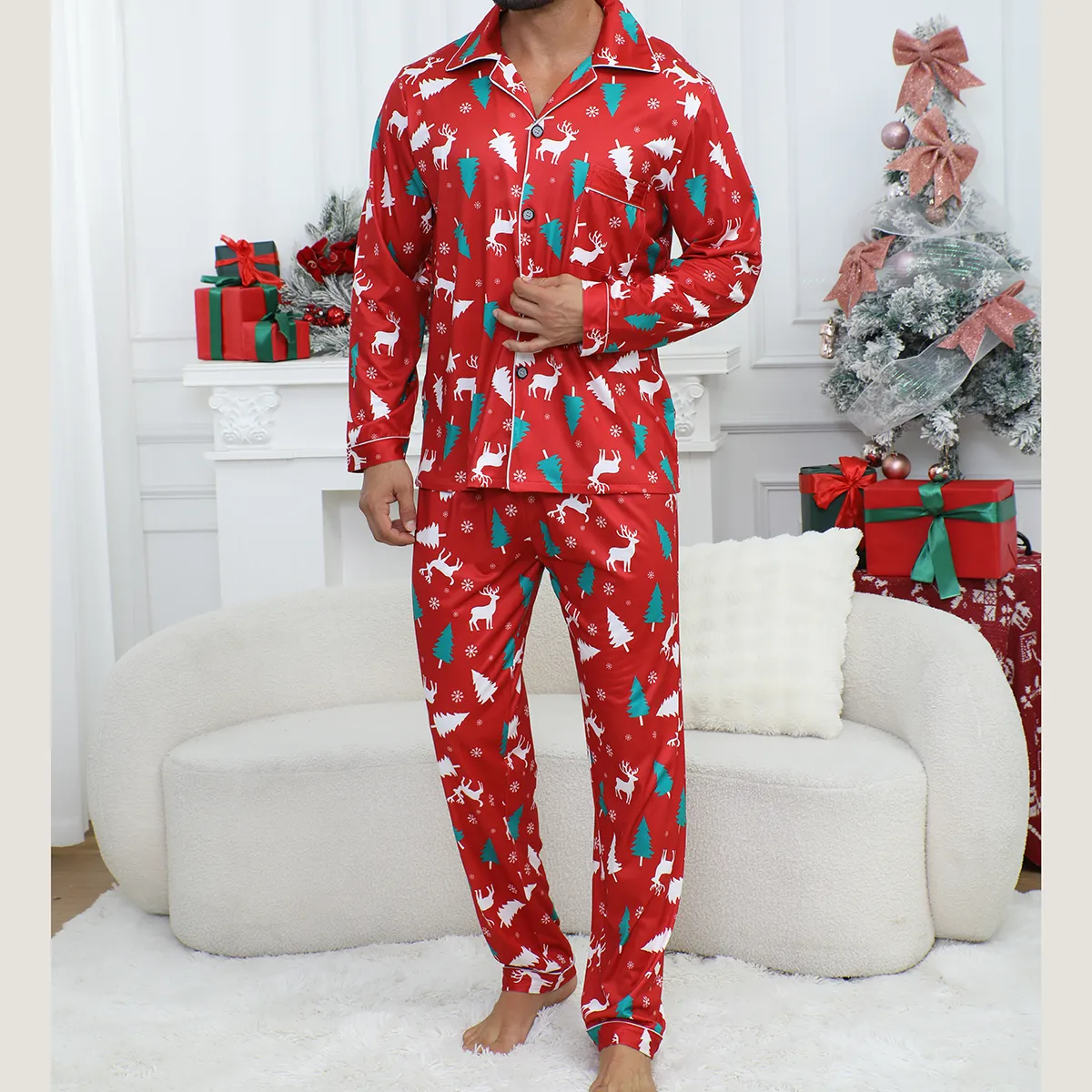 TEMU & SHEIN Supply Export Men's Hot-Selling Christmas Red Pajama Set, Long Sleeve, Plus Size Two-Piece for Europe & US · Wholesale · OEM · Worldwide Shipping - View 3