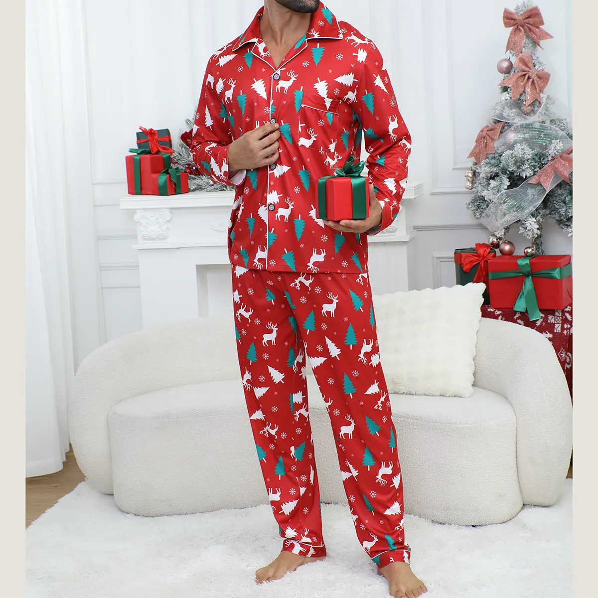 TEMU & SHEIN Supply Export Men's Hot-Selling Christmas Red Pajama Set, Long Sleeve, Plus Size Two-Piece for Europe & US · Wholesale · OEM · Worldwide Shipping - View 4