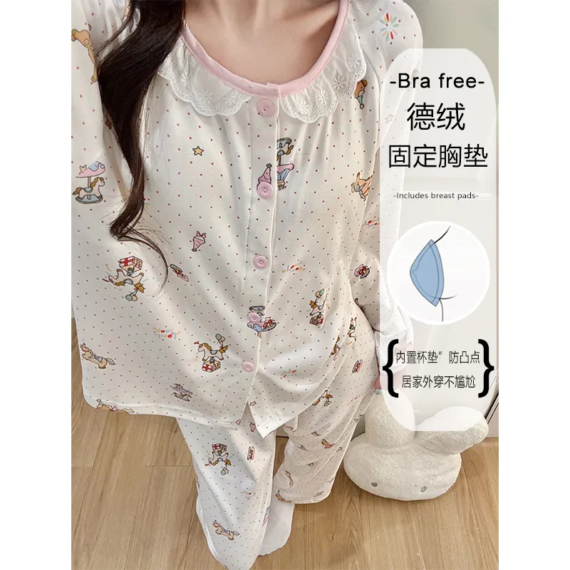 Winter New Pajamas for Women Double-Sided German Velvet 260g Lace Cardigan Long Sleeve Long Pants Fixed Chest Pad Homewear Set · Wholesale · OEM · Worldwide Shipping - Detail 3
