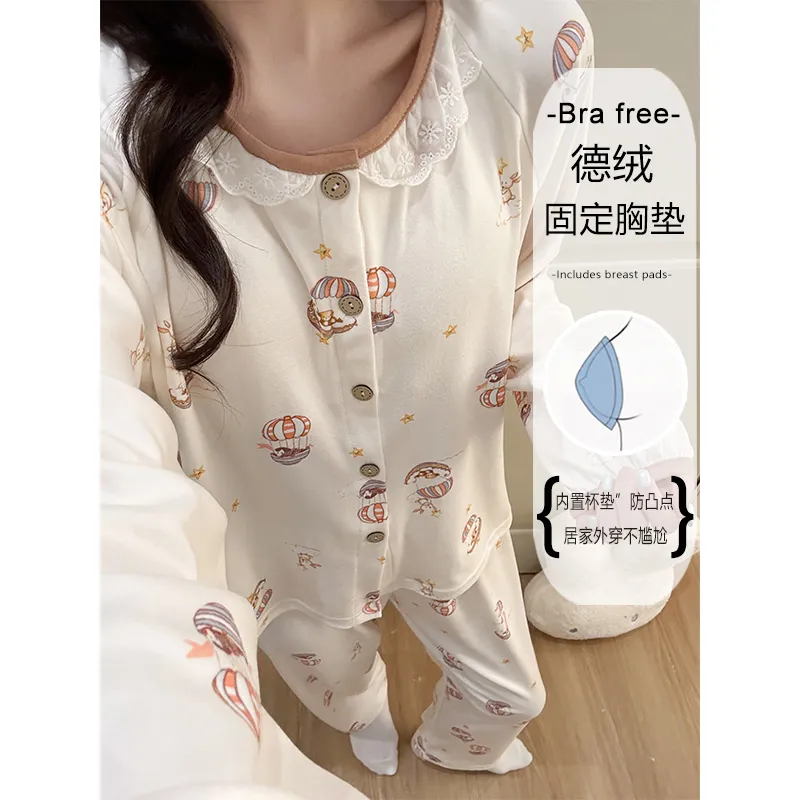 Winter New Pajamas for Women Double-Sided German Velvet 260g Lace Cardigan Long Sleeve Long Pants Fixed Chest Pad Homewear Set · Wholesale · OEM · Worldwide Shipping - View 2