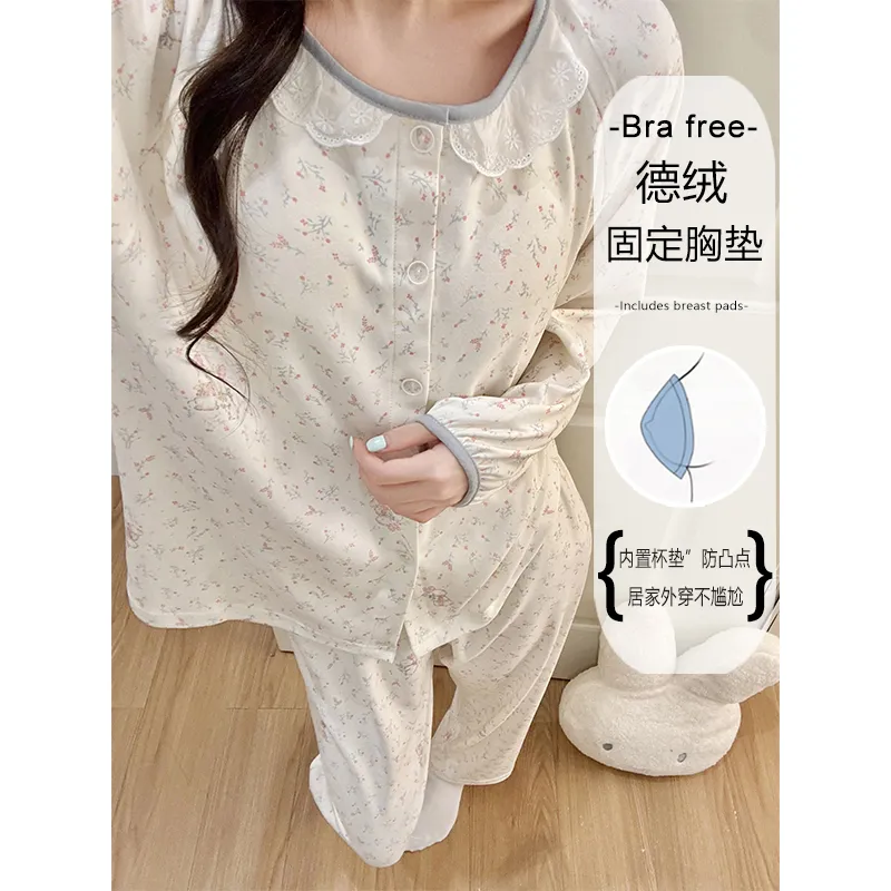 Winter New Pajamas for Women Double-Sided German Velvet 260g Lace Cardigan Long Sleeve Long Pants Fixed Chest Pad Homewear Set · Wholesale · OEM · Worldwide Shipping - Detail 2
