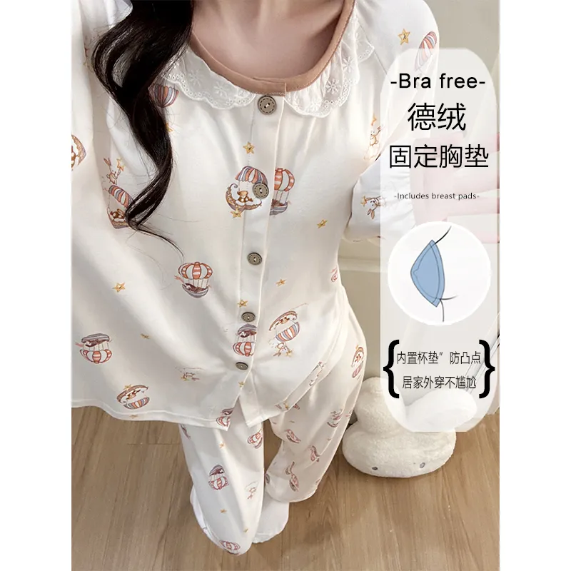 Winter New Pajamas for Women Double-Sided German Velvet 260g Lace Cardigan Long Sleeve Long Pants Fixed Chest Pad Homewear Set · Wholesale · OEM · Worldwide Shipping - Detail 4
