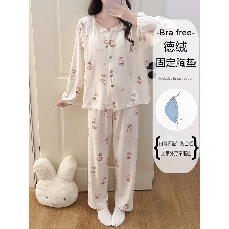 Winter New Pajamas for Women Double-Sided German Velvet 260g Lace Cardigan Long Sleeve Long Pants Fixed Chest Pad Homewear Set · Wholesale · OEM · Worldwide Shipping - View 4