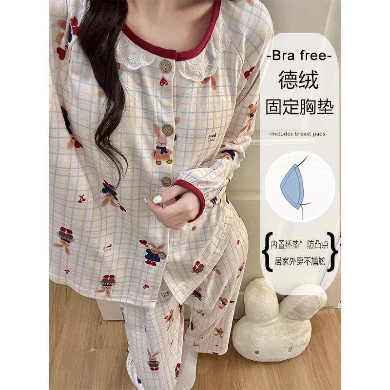 Winter New Pajamas for Women Double-Sided German Velvet 260g Lace Cardigan Long Sleeve Long Pants Fixed Chest Pad Homewear Set · Wholesale · OEM · Worldwide Shipping - Detail 7