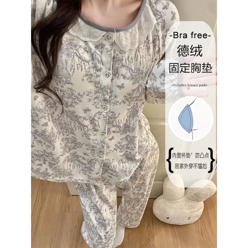 Winter New Pajamas for Women Double-Sided German Velvet 260g Lace Cardigan Long Sleeve Long Pants Fixed Chest Pad Homewear Set · Wholesale · OEM · Worldwide Shipping - Detail 1