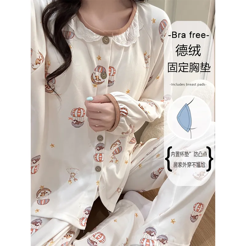 Winter New Pajamas for Women Double-Sided German Velvet 260g Lace Cardigan Long Sleeve Long Pants Fixed Chest Pad Homewear Set · Wholesale · OEM · Worldwide Shipping - View 3
