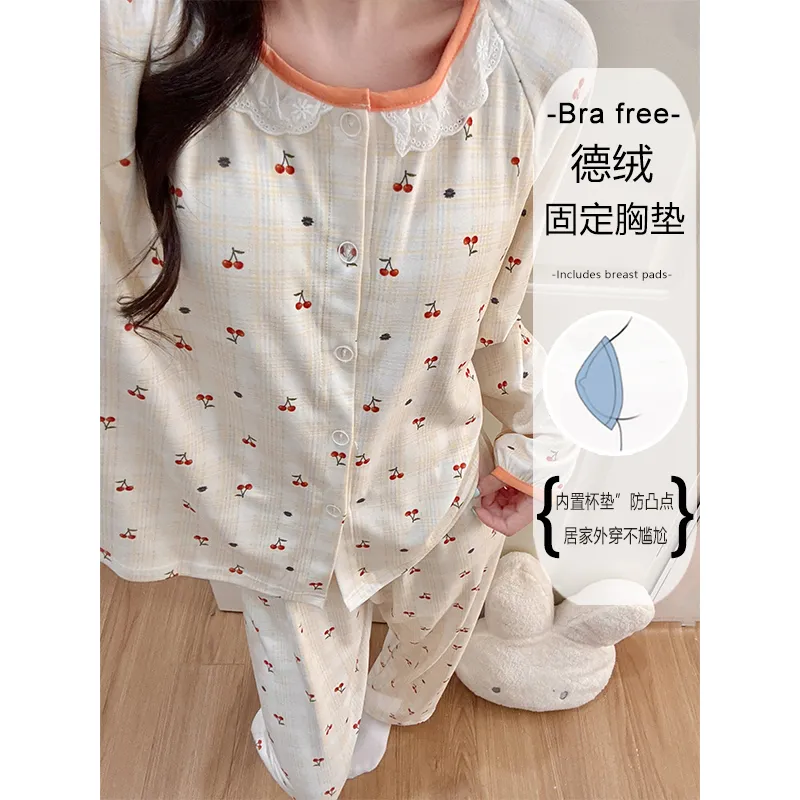 Winter New Pajamas for Women Double-Sided German Velvet 260g Lace Cardigan Long Sleeve Long Pants Fixed Chest Pad Homewear Set · Wholesale · OEM · Worldwide Shipping - Detail 6