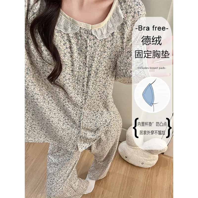 Winter New Pajamas for Women Double-Sided German Velvet 260g Lace Cardigan Long Sleeve Long Pants Fixed Chest Pad Homewear Set · Wholesale · OEM · Worldwide Shipping - Detail 5