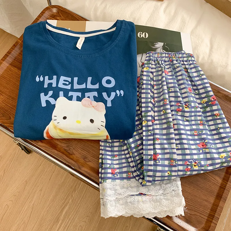 かわいいカートゥーンKitty猫パジャマ レディース 春秋 純綿長袖 レース長ズボン ルームウェアセット 外着可能 · 卸売 · OEM · 世界へ発送