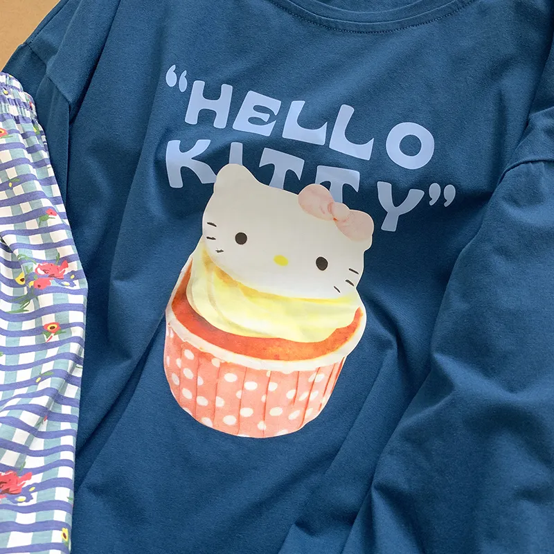 Милая мультяшная пижама с кошкой Kitty для женщин, весна-осень, чистый хлопок, длинный рукав, кружевные длинные брюки, домашний комплект, можно носить на улице · Опт · OEM · Доставка по миру - Detail 4