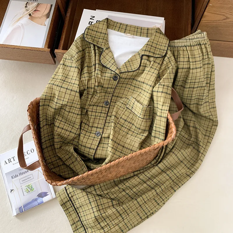 2026 Korean Plaid Simple Pajamas Women Spring Autumn Pure Cotton Wearable Outside Long Sleeve Cardigan Loose Loungewear Set · Wholesale · OEM · Worldwide Shipping