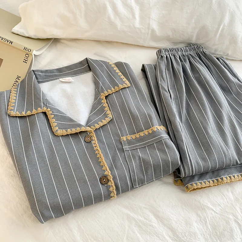 2026 Korean Stripe Simple Pajamas Women Spring Autumn Pure Cotton Wearable Outside Long Sleeve Cardigan Loose Loungewear Set · Wholesale · OEM · Worldwide Shipping
