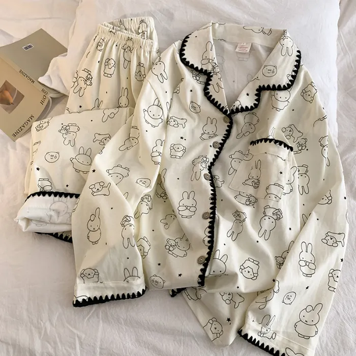 Style sucré cartoon lapin pur coton double gaze pyjama femme 2026 printemps automne ultra doux tenue maison portable extérieur · Grossiste · OEM · Mondial - Detail 1
