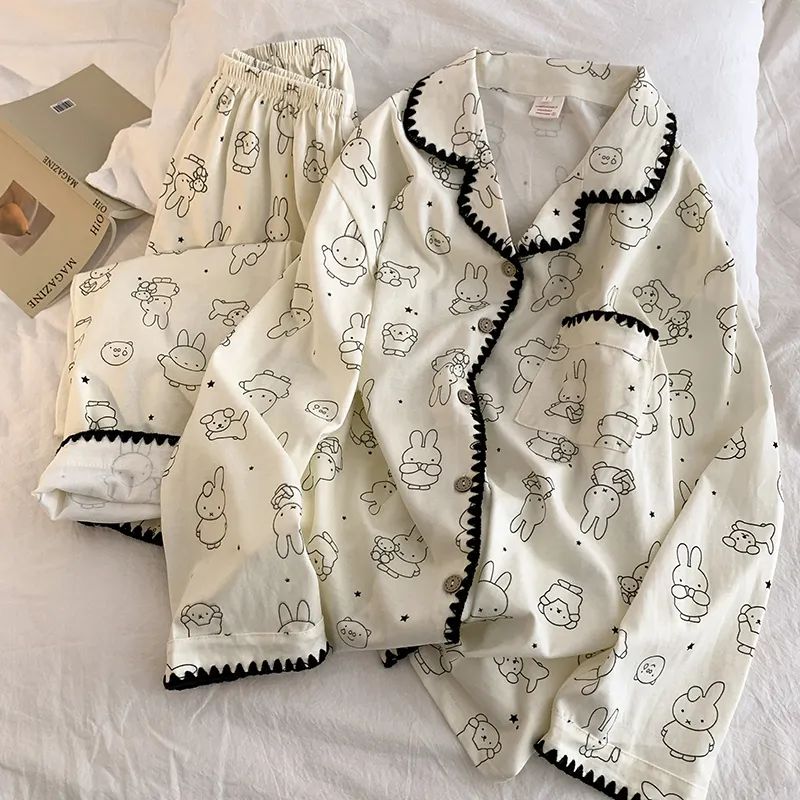 Sweet Style Cartoon Bunny Pure Cotton Double Gauze Pajamas Women 2026 Spring Autumn Ultra Soft Loungewear Wearable Outside · Wholesale · OEM · Worldwide Shipping