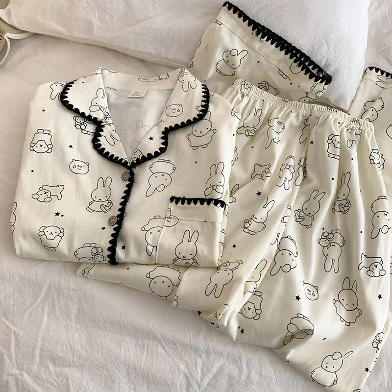 Style sucré cartoon lapin pur coton double gaze pyjama femme 2026 printemps automne ultra doux tenue maison portable extérieur · Grossiste · OEM · Mondial - View 1