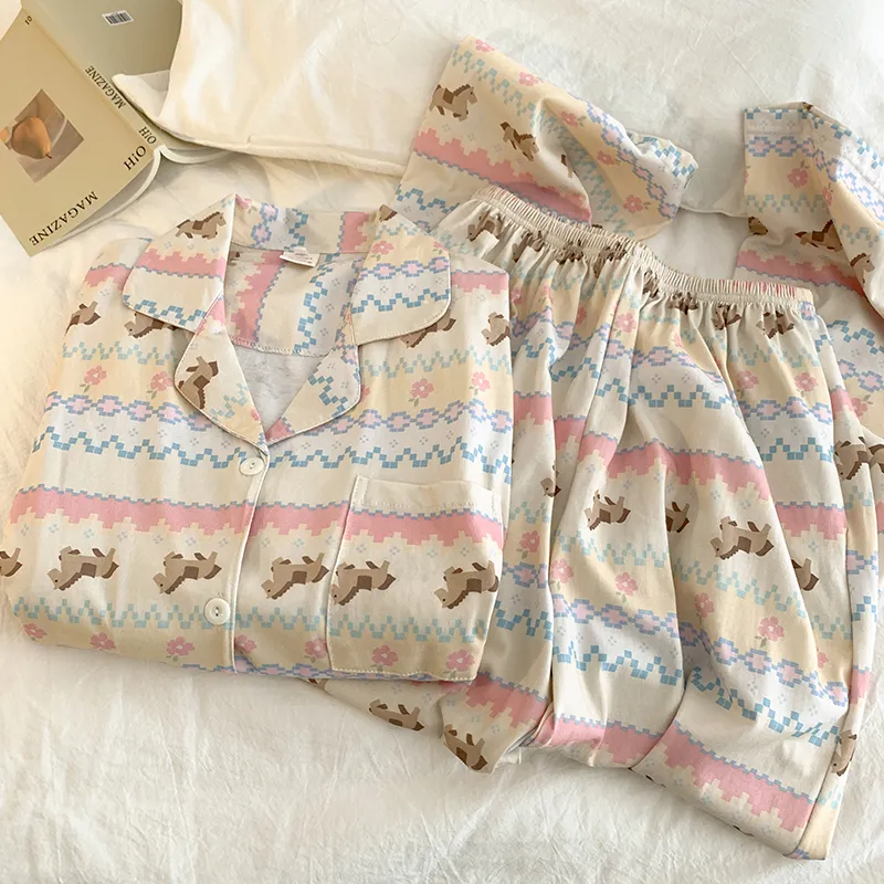 Cartoon Pixel Pony Print Pajamas Women 2026 New Spring Autumn Pure Cotton Long Sleeve Loungewear Set Wearable Outside · Wholesale · OEM · Worldwide Shipping