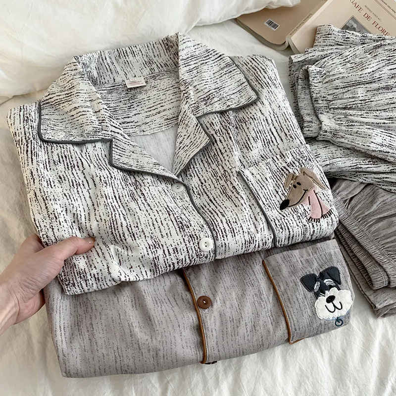 Cute Schnauzer Couple Pajamas Pure Cotton Long Sleeve Spring Autumn New Cartoon Puppy All-Cotton Homewear Set for Men and Women · Grosir · OEM · Pengiriman Global