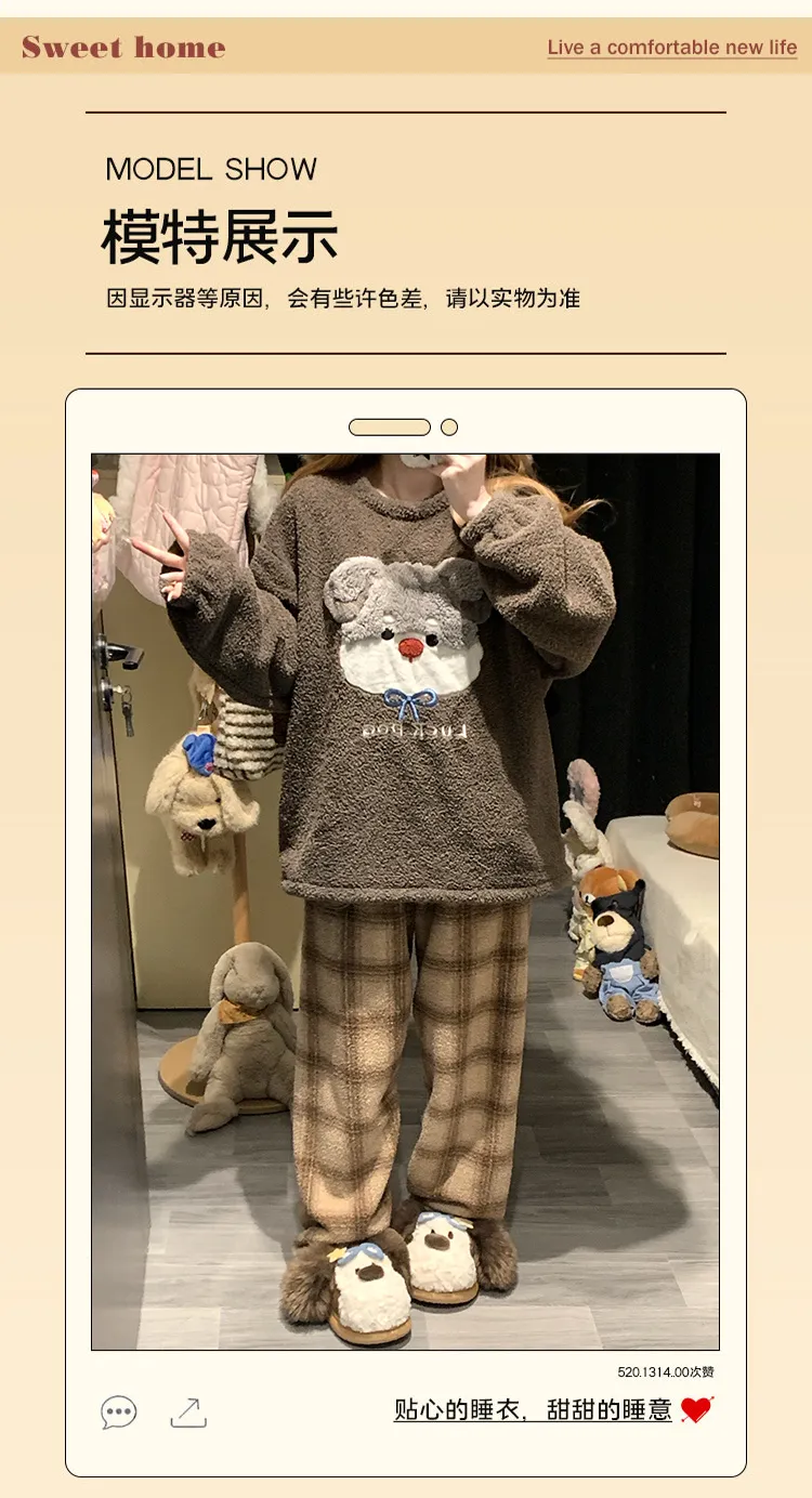 5773W# 겨울 신상 파자마 여성용 두꺼운 반쪽 벨벳 카툰 라운드넥 캐주얼 홈웨어 세트 260g · 도매 · OEM · 전 세계 배송 - Detail 12