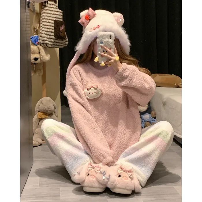 5773W# 겨울 신상 파자마 여성용 두꺼운 반쪽 벨벳 카툰 라운드넥 캐주얼 홈웨어 세트 260g · 도매 · OEM · 전 세계 배송 - Detail 4