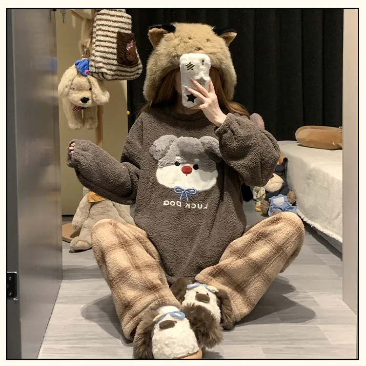 5773W# 겨울 신상 파자마 여성용 두꺼운 반쪽 벨벳 카툰 라운드넥 캐주얼 홈웨어 세트 260g · 도매 · OEM · 전 세계 배송 - Detail 15