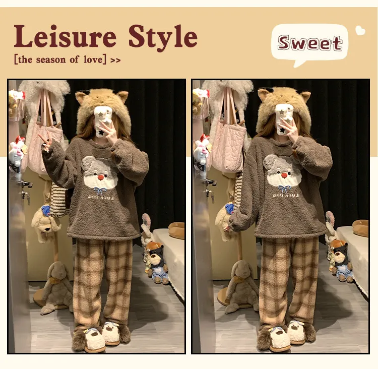 5773W# 겨울 신상 파자마 여성용 두꺼운 반쪽 벨벳 카툰 라운드넥 캐주얼 홈웨어 세트 260g · 도매 · OEM · 전 세계 배송 - Detail 17