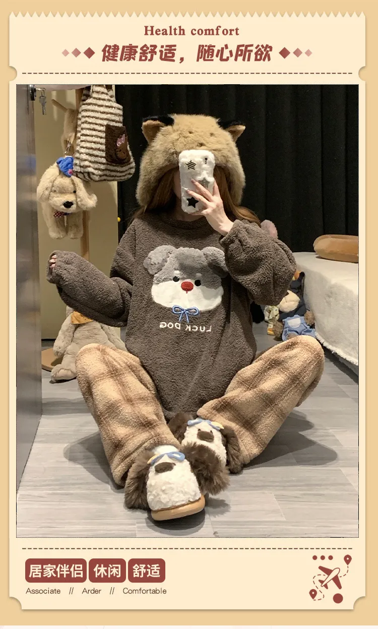 5773W# 겨울 신상 파자마 여성용 두꺼운 반쪽 벨벳 카툰 라운드넥 캐주얼 홈웨어 세트 260g · 도매 · OEM · 전 세계 배송 - Detail 7