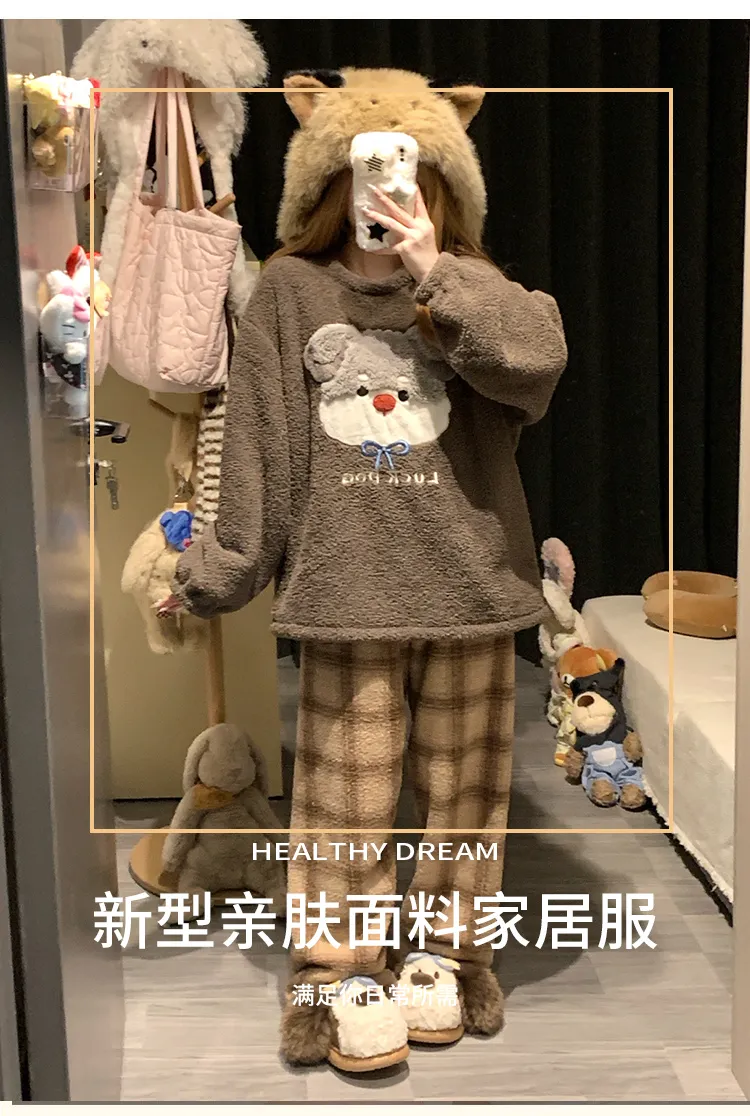 5773W# 겨울 신상 파자마 여성용 두꺼운 반쪽 벨벳 카툰 라운드넥 캐주얼 홈웨어 세트 260g · 도매 · OEM · 전 세계 배송 - Detail 10