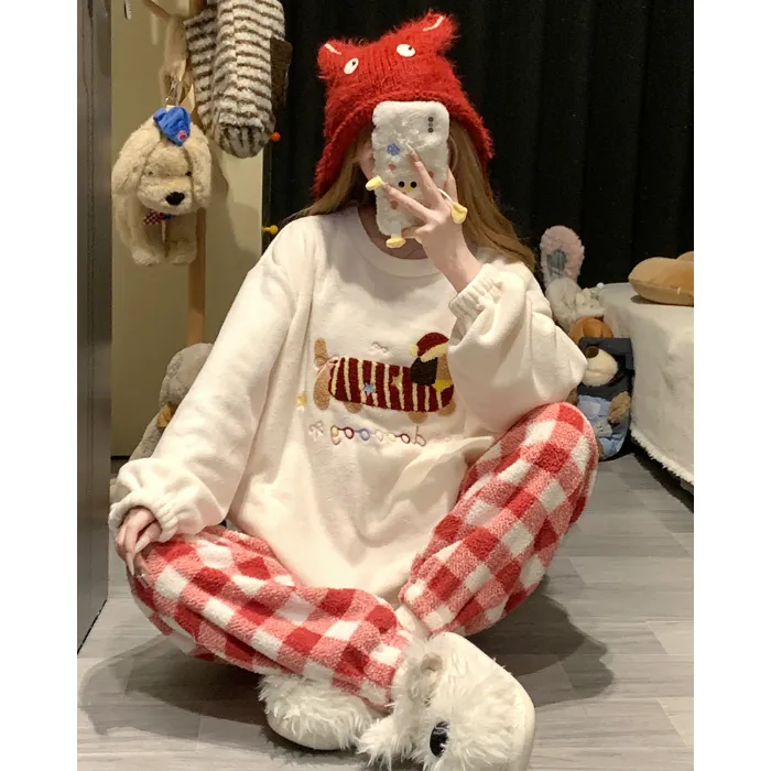 5773W# 겨울 신상 파자마 여성용 두꺼운 반쪽 벨벳 카툰 라운드넥 캐주얼 홈웨어 세트 260g · 도매 · OEM · 전 세계 배송 - Detail 5