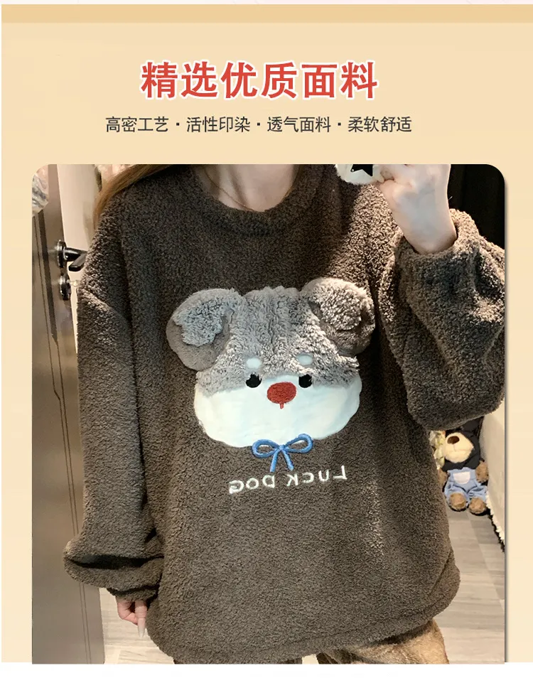 5773W# 겨울 신상 파자마 여성용 두꺼운 반쪽 벨벳 카툰 라운드넥 캐주얼 홈웨어 세트 260g · 도매 · OEM · 전 세계 배송 - Detail 9