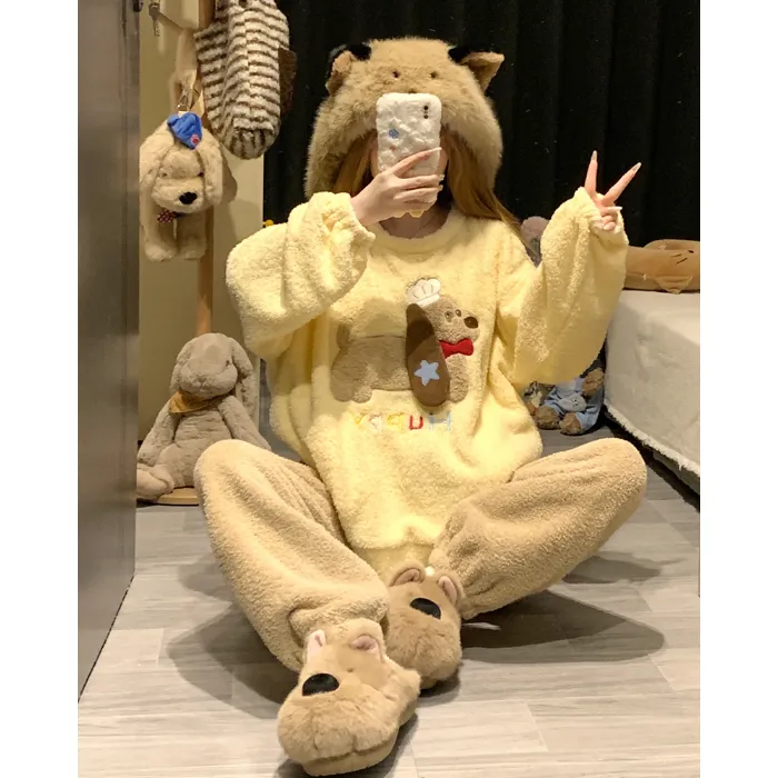 5773W# 겨울 신상 파자마 여성용 두꺼운 반쪽 벨벳 카툰 라운드넥 캐주얼 홈웨어 세트 260g · 도매 · OEM · 전 세계 배송 - Detail 6