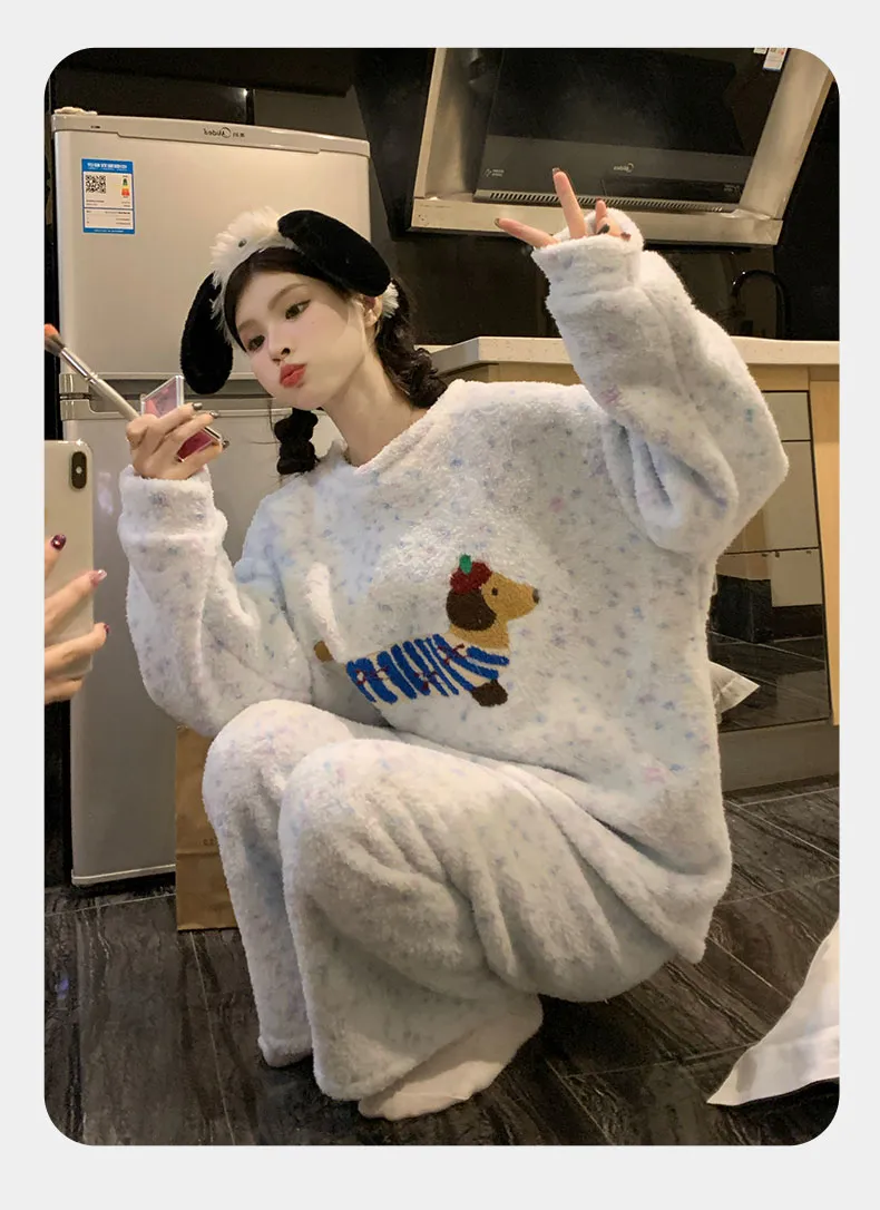 Coral Fleece Pajamas for Women Autumn Winter 2025 New Fleece-Lined Thickened Warm Flannel Cute Loungewear Set · Wholesale · OEM · Worldwide Shipping - Detail 18