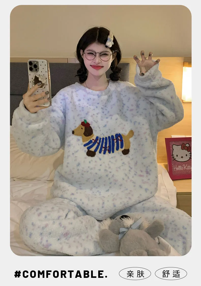 Coral Fleece Pajamas for Women Autumn Winter 2025 New Fleece-Lined Thickened Warm Flannel Cute Loungewear Set · Wholesale · OEM · Worldwide Shipping - Detail 16