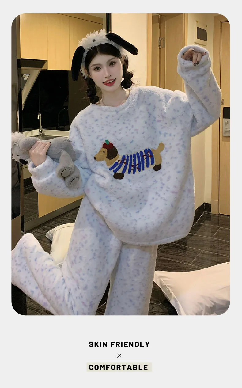 Coral Fleece Pajamas for Women Autumn Winter 2025 New Fleece-Lined Thickened Warm Flannel Cute Loungewear Set · Wholesale · OEM · Worldwide Shipping - Detail 15
