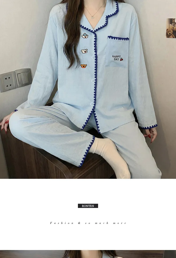 Ensemble de pyjama Source Xing 5817 en coton nuage coquillage style coréen simple brodé ours doux pour la peau · Grossiste · OEM · Mondial - Detail 7