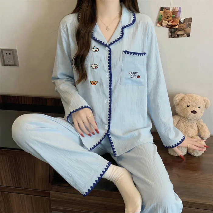 Ensemble de pyjama Source Xing 5817 en coton nuage coquillage style coréen simple brodé ours doux pour la peau · Grossiste · OEM · Mondial - Detail 1