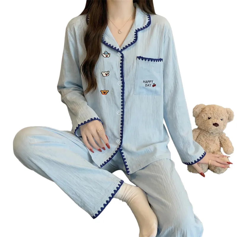 Ensemble de pyjama Source Xing 5817 en coton nuage coquillage style coréen simple brodé ours doux pour la peau · Grossiste · OEM · Mondial - View 4