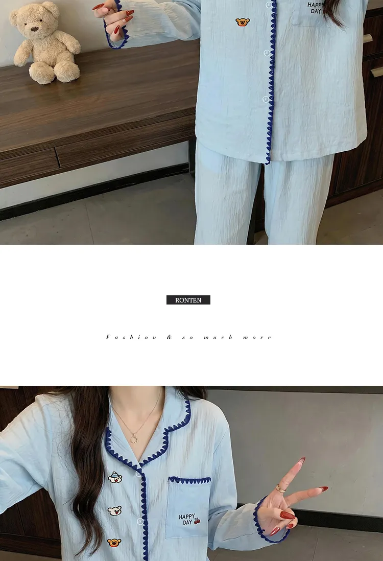 Ensemble de pyjama Source Xing 5817 en coton nuage coquillage style coréen simple brodé ours doux pour la peau · Grossiste · OEM · Mondial - Detail 9