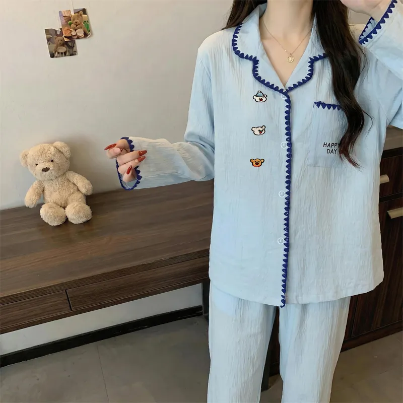 Ensemble de pyjama Source Xing 5817 en coton nuage coquillage style coréen simple brodé ours doux pour la peau · Grossiste · OEM · Mondial - View 3